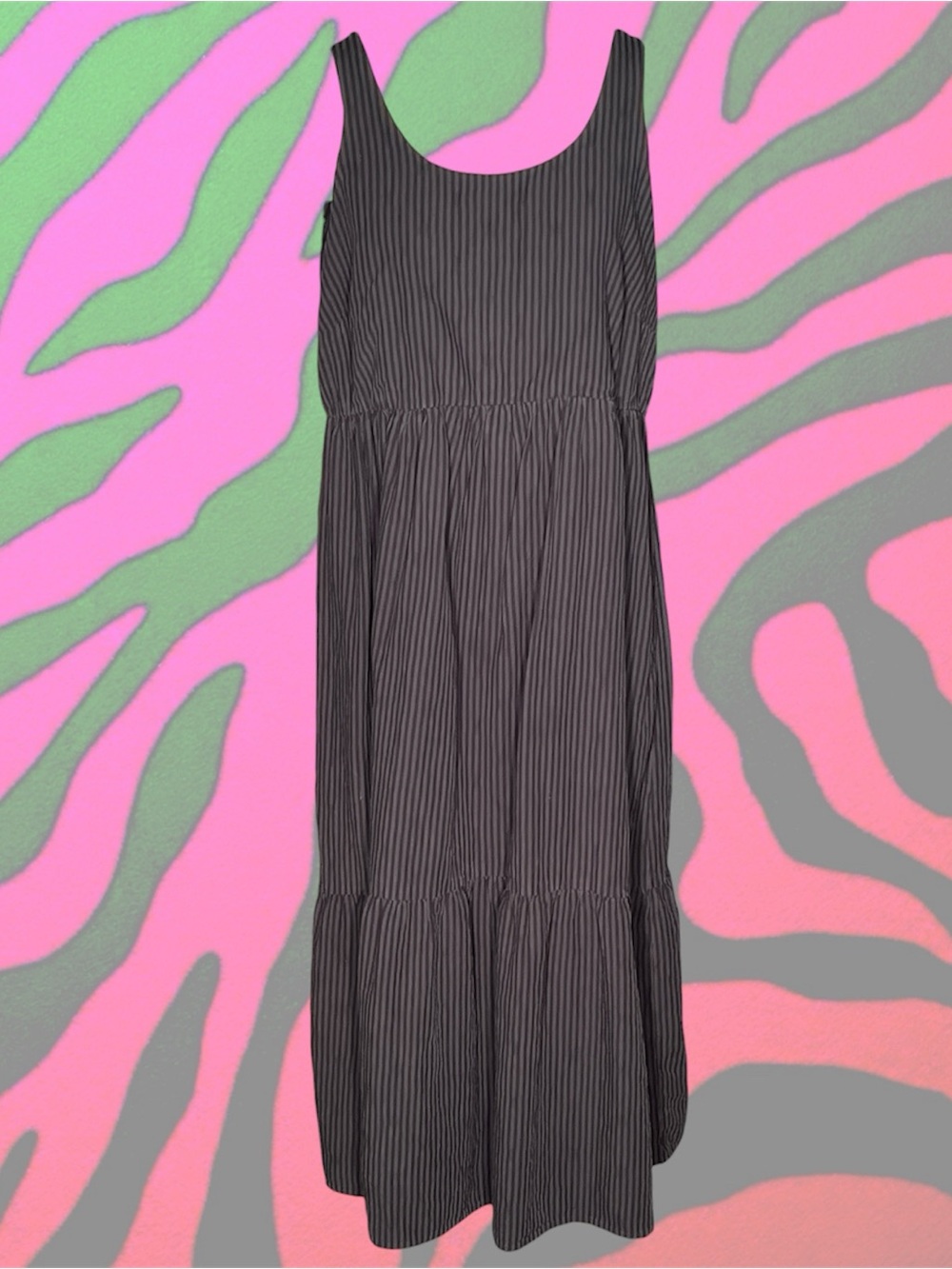prairie goth black pinstripe sleeveless tiered maxi dress